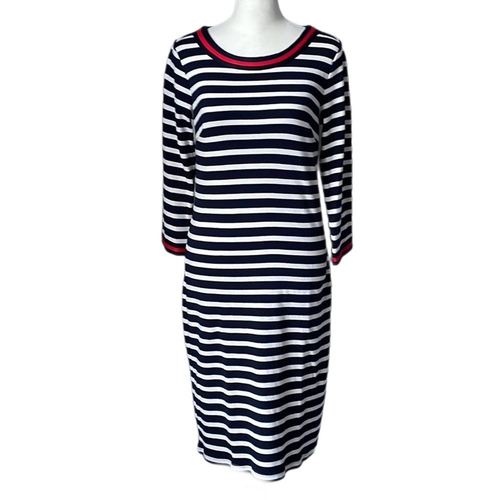 Talbots Navy Blue and White Striped Nautical Coastal 3/4 Sleeve Dress